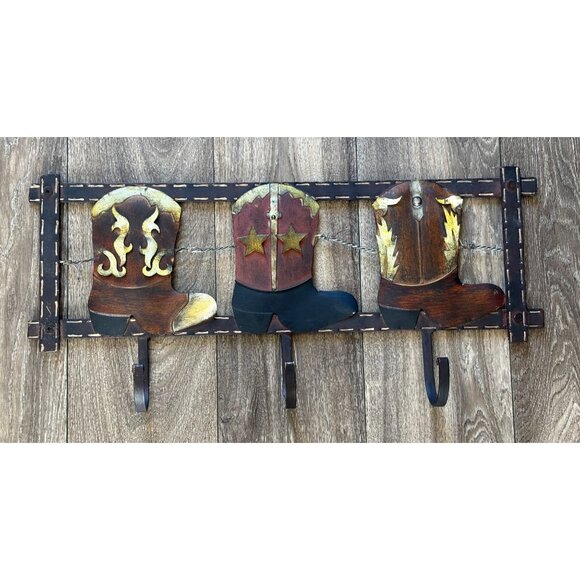 ANTIQUE COWBOY BOOT METAL WALL COAT-TOWEL RACK HOOKS 22InX10In - Picture 1 of 6